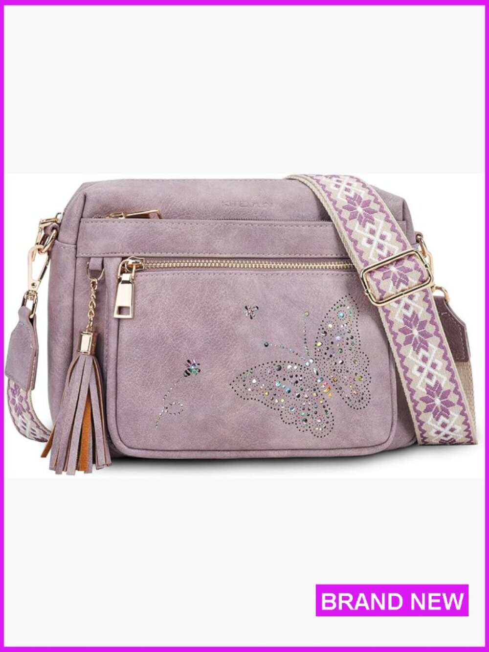Trendy Leather Crossbody Purse with Butterfly Design Shoulder Handbag Quilted